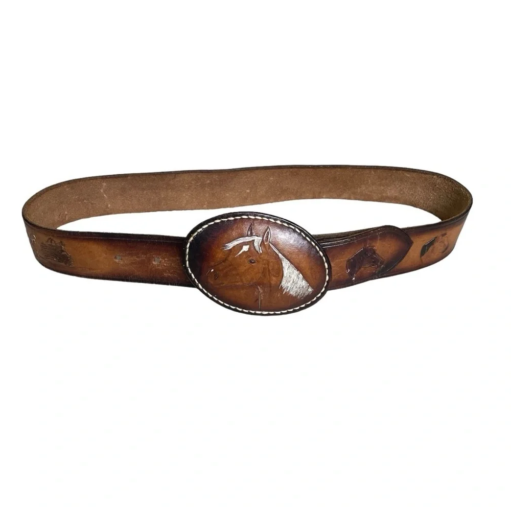Handmade Hand Tooled Horses Western Cowboy Brown Leather Belt XL